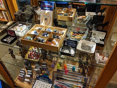Glass display case filled with crystals and minerals at Alexandria II in Pasadena California