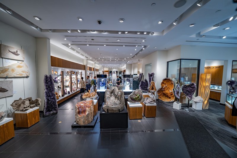 Interior view showcasing crystal towers, spheres, and carved stone pieces