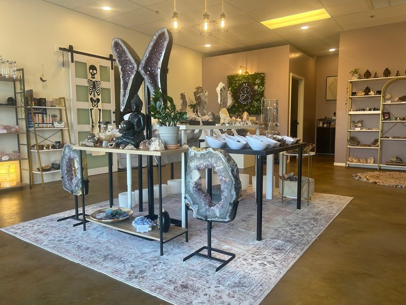 Store interior displaying crystals, minerals, and metaphysical supplies
