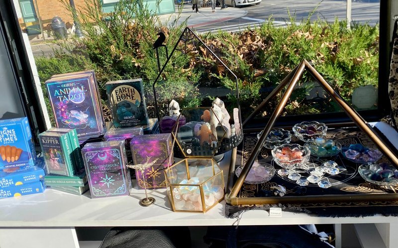 Crystal and mineral specimens including quartz, amethyst, and calcite varieties