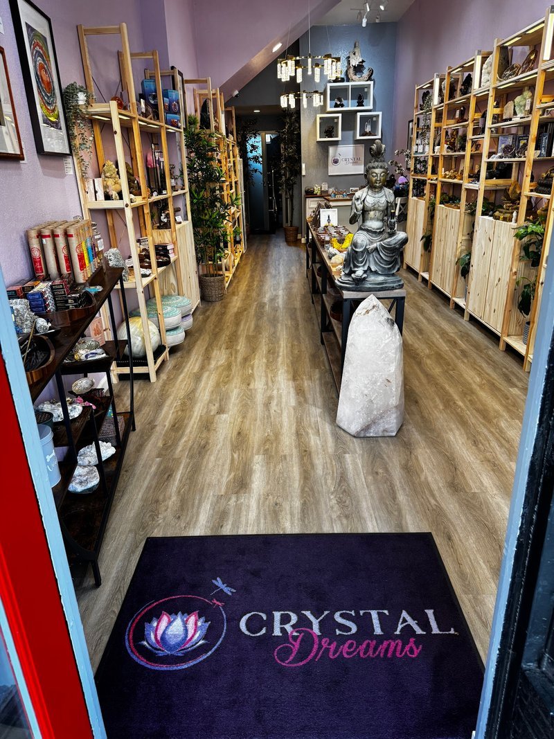 Store interior displaying crystals, minerals, and metaphysical supplies
