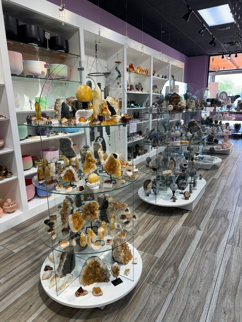 Store interior displaying crystals, minerals, and metaphysical supplies