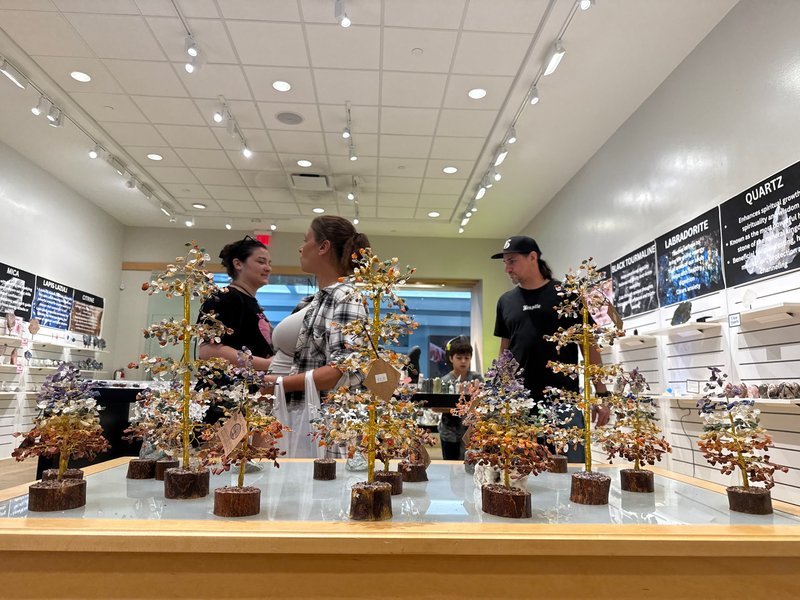 Store interior with customers and staff, featuring gemstone trees on display counter