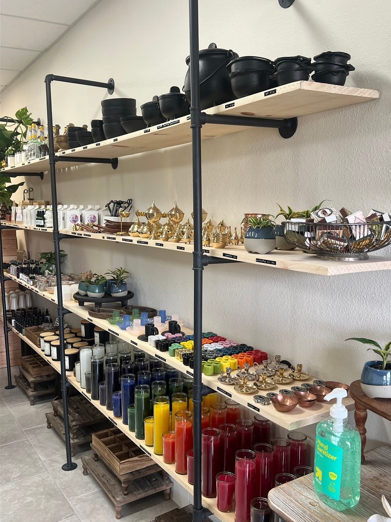 Display of polished crystal specimens, geodes, and mineral towers