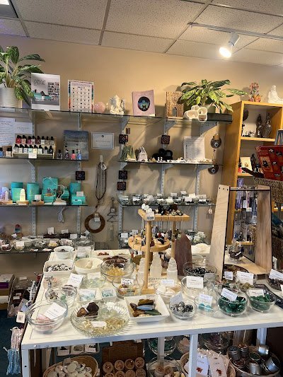 Store interior displaying crystals, minerals, and metaphysical supplies