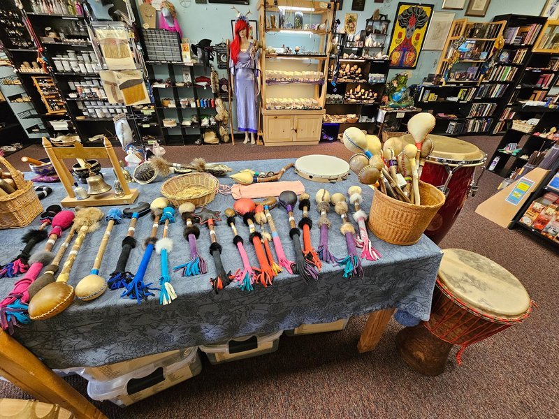 Display of polished crystal specimens, geodes, and mineral towers