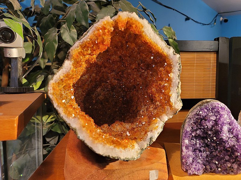 Organized crystal display with labeled stones and healing minerals