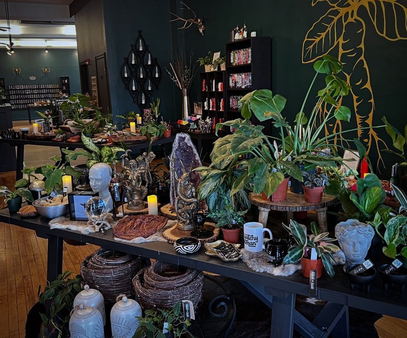 Shop interior featuring gemstones, healing crystals, and spiritual products