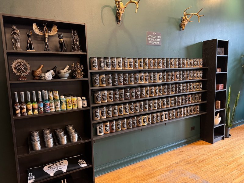 Display of polished crystal specimens, geodes, and mineral towers