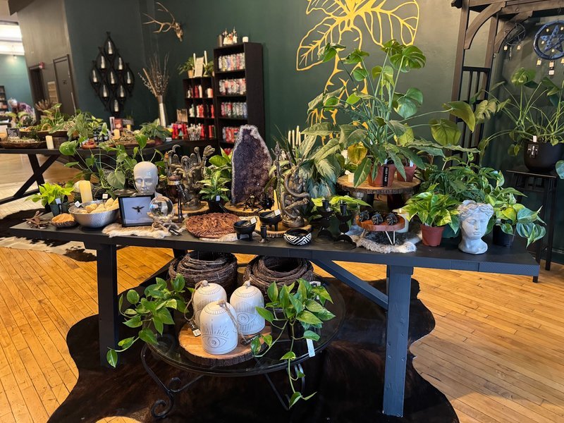 Variety of gemstones, crystal carvings, and polished mineral specimens