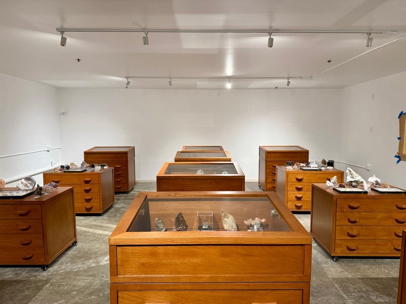 Interior view showcasing crystal towers, spheres, and carved stone pieces