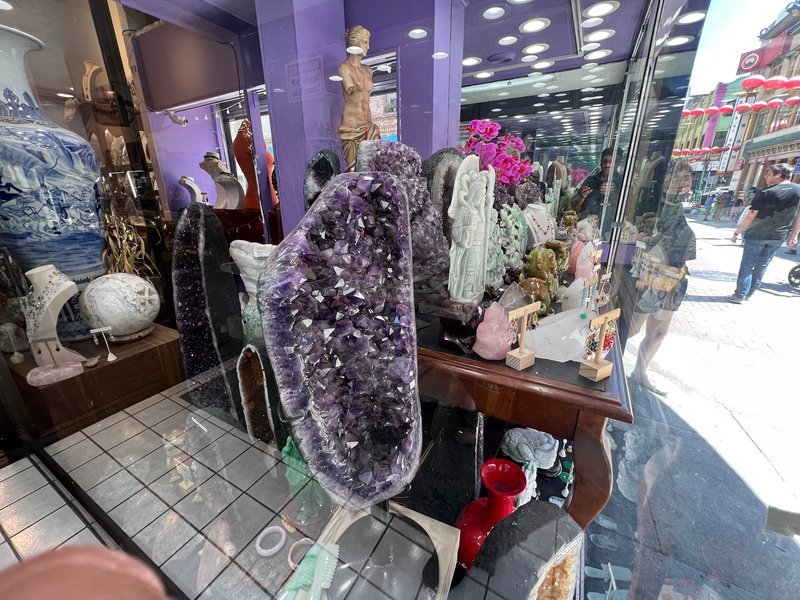 Interior view showcasing crystal towers, spheres, and carved stone pieces