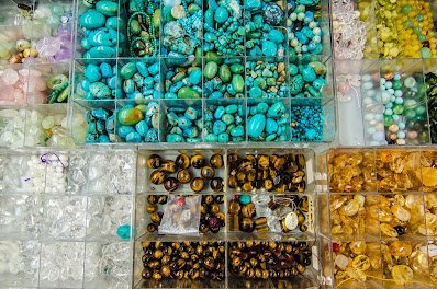 Interior view showcasing crystal towers, spheres, and carved stone pieces