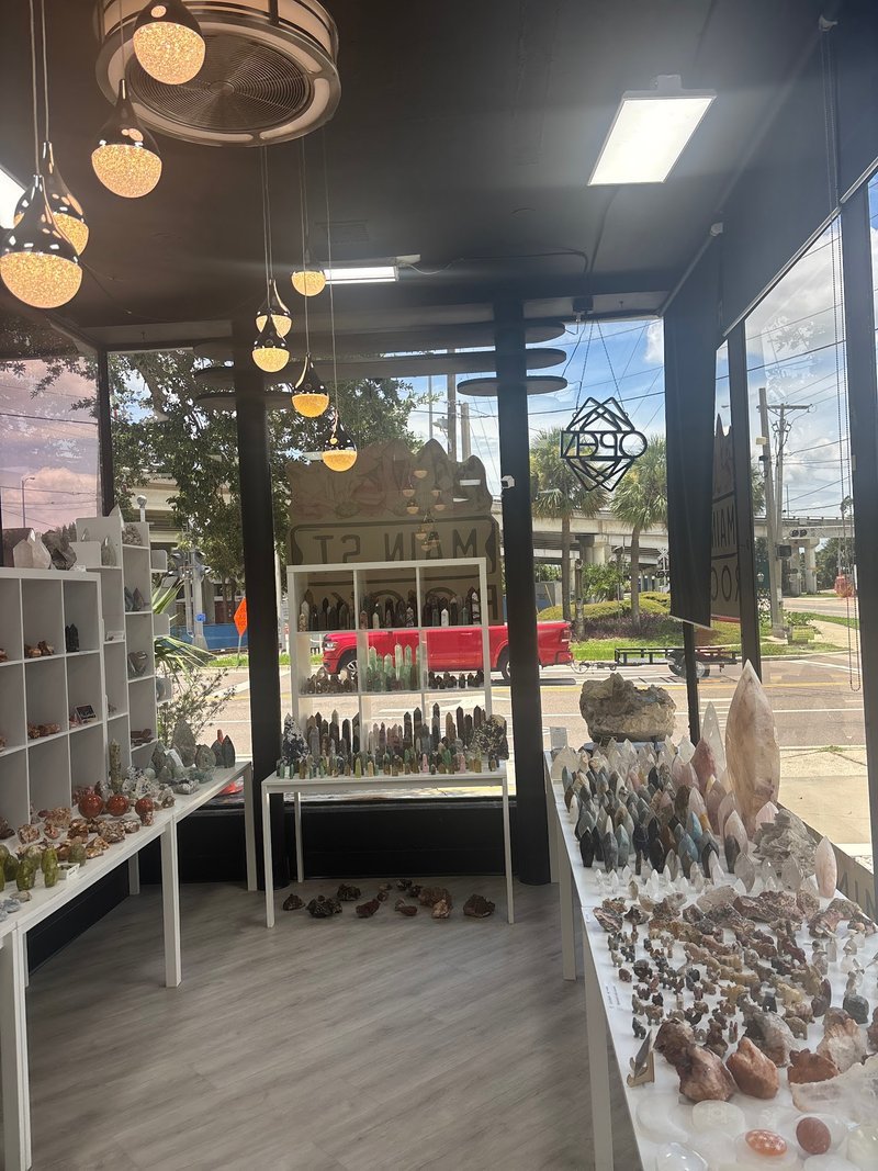 Store interior displaying crystals, minerals, and metaphysical supplies