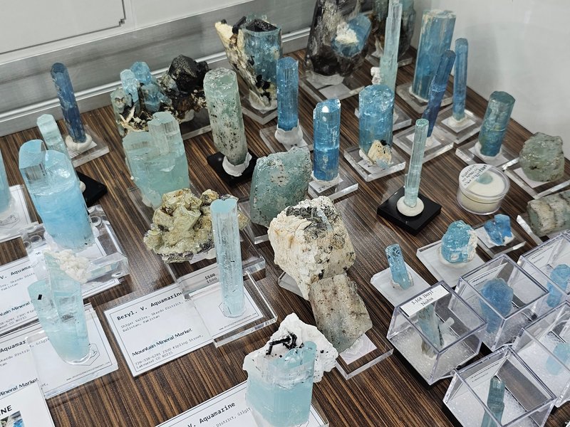 Organized crystal display with labeled stones and healing minerals