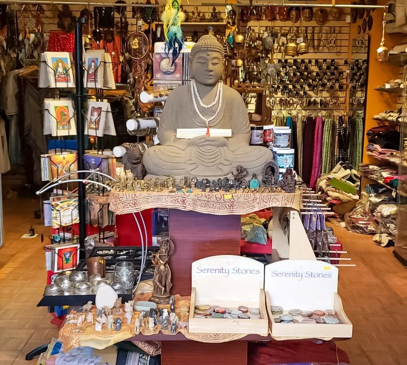 Store interior displaying crystals, minerals, and metaphysical supplies