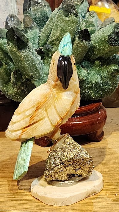 Collection of tumbled stones, raw minerals, and crystal clusters