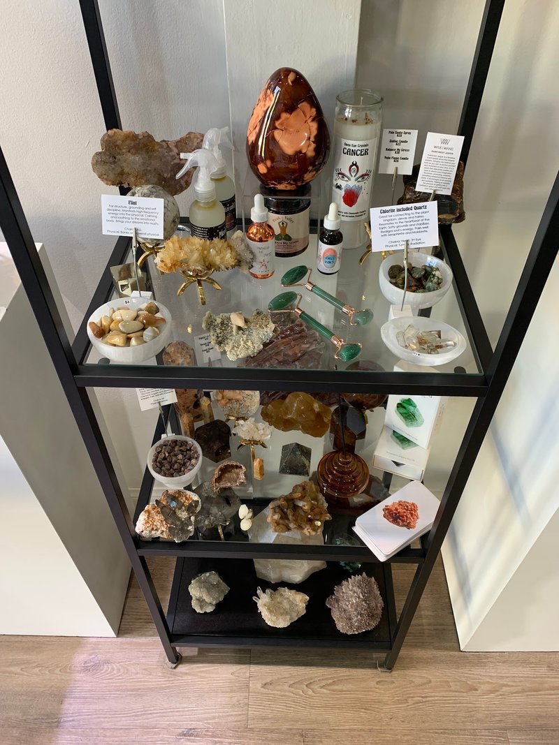 Crystal and mineral display with organized specimens and inventory