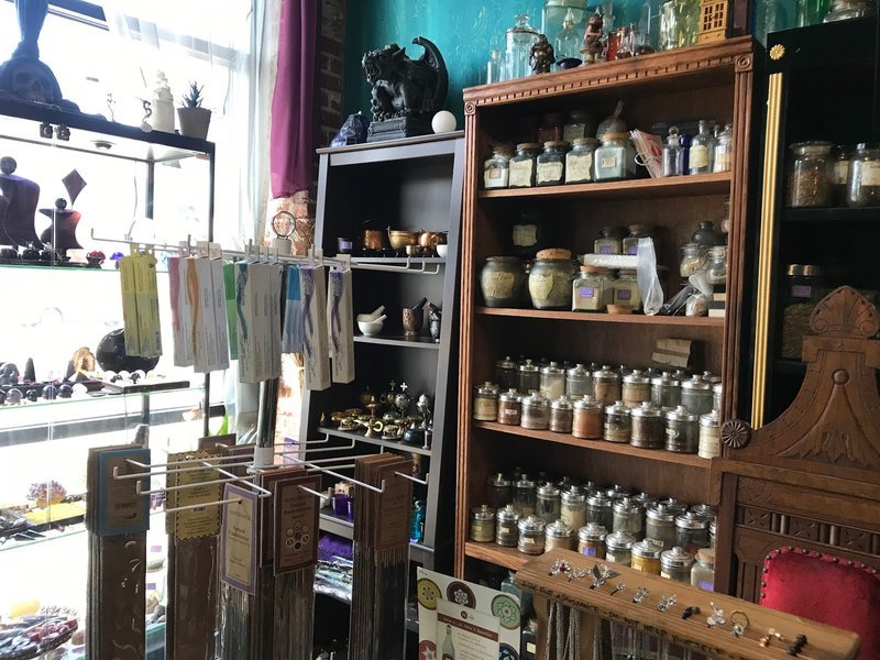 Display of polished crystal specimens, geodes, and mineral towers