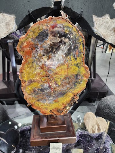 Display of polished crystal specimens, geodes, and mineral towers