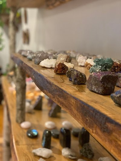 Display featuring crystal points, polished stones, and raw mineral specimens