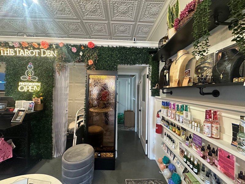 Retail display with tumbled stones, raw crystals, and polished specimens