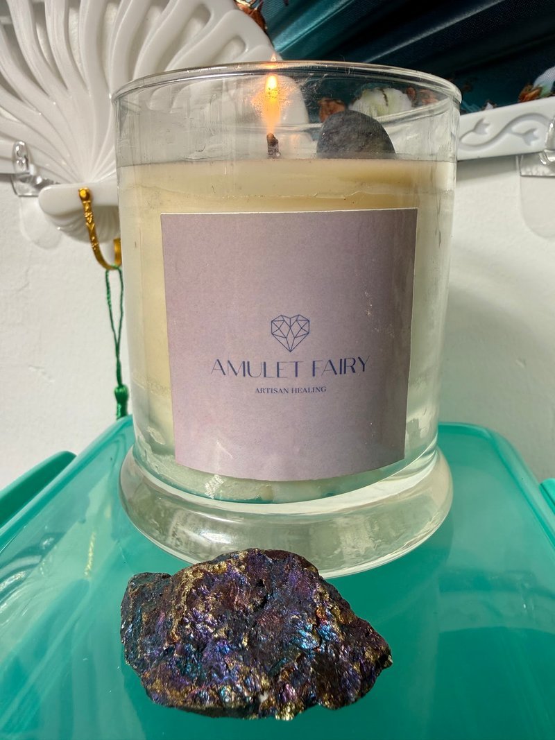 Retail shelving with organized crystals, stones, and spiritual products