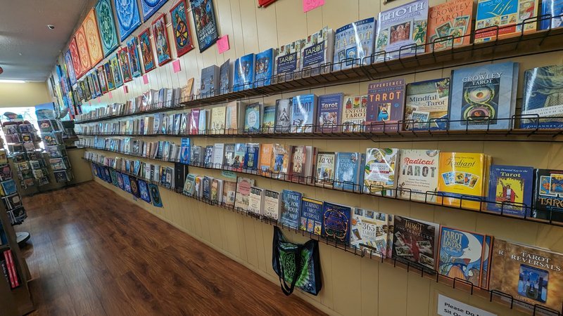 Retail display with tumbled stones, raw crystals, and polished specimens