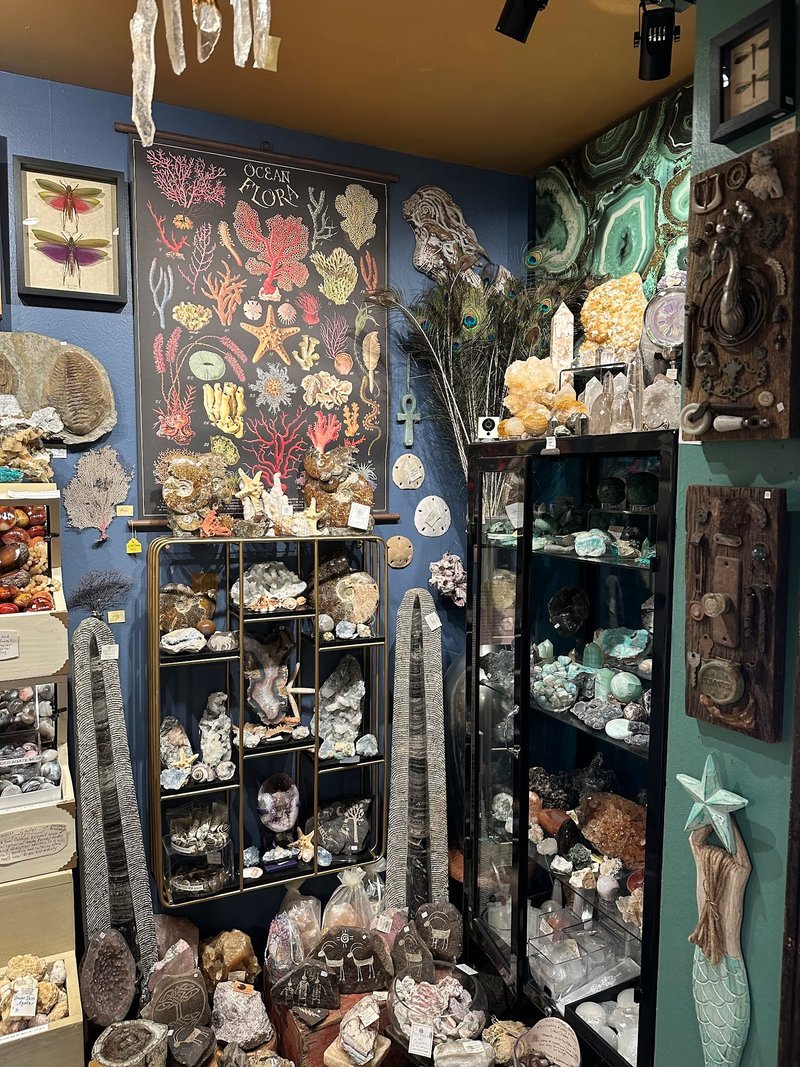 Shop interior featuring gemstones, healing crystals, and spiritual products