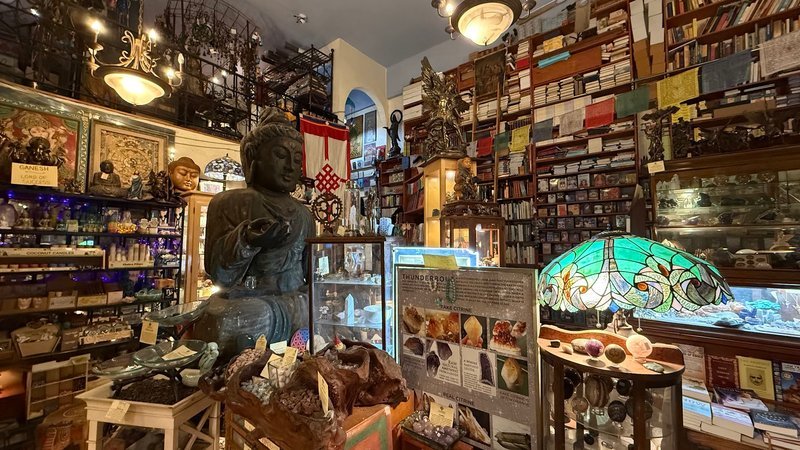 Retail display with tumbled stones, raw crystals, and polished specimens
